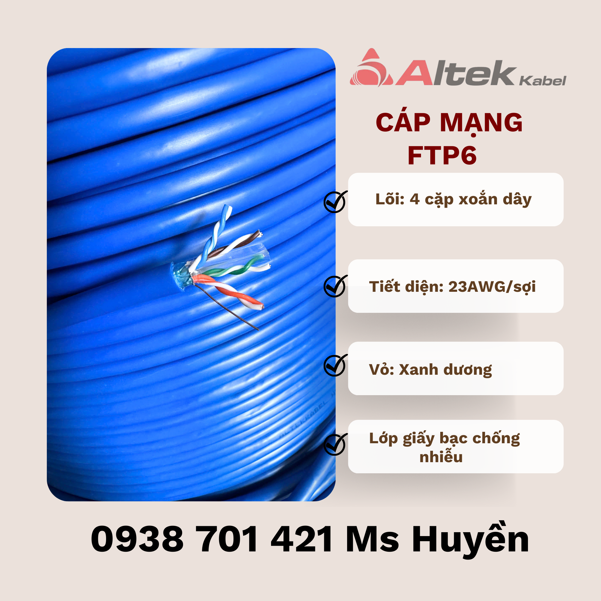Cáp mạng FTP Cat6 Cable 4Pair 23AWG AL Foil
